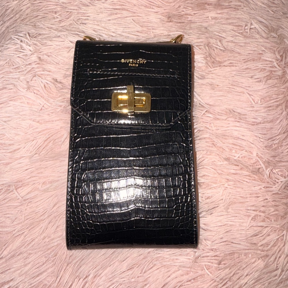 Givenchy Black Croc-Embossed Crossbody Bag with Gold Accents